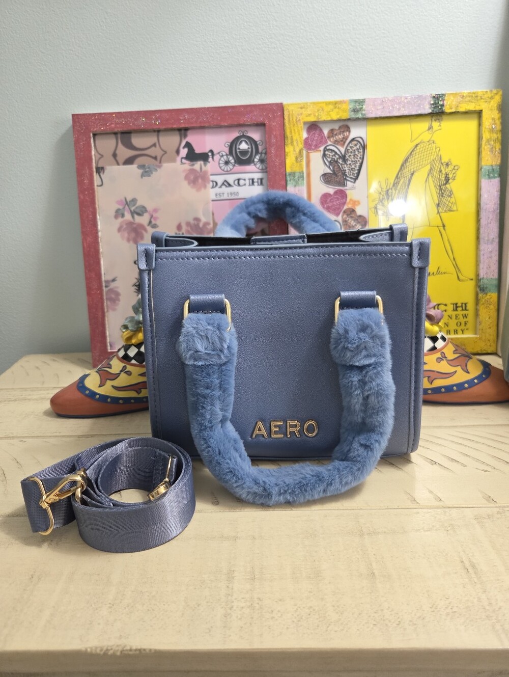 AERO Blue Faux-Fur Handle Mini Handbag, EUC